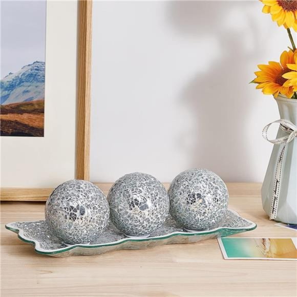 12.4” Mosaic Glass Decorative Tray Dish Plate with 3pcs 3" Decorative Orbs Balls - Picture 4 of 6